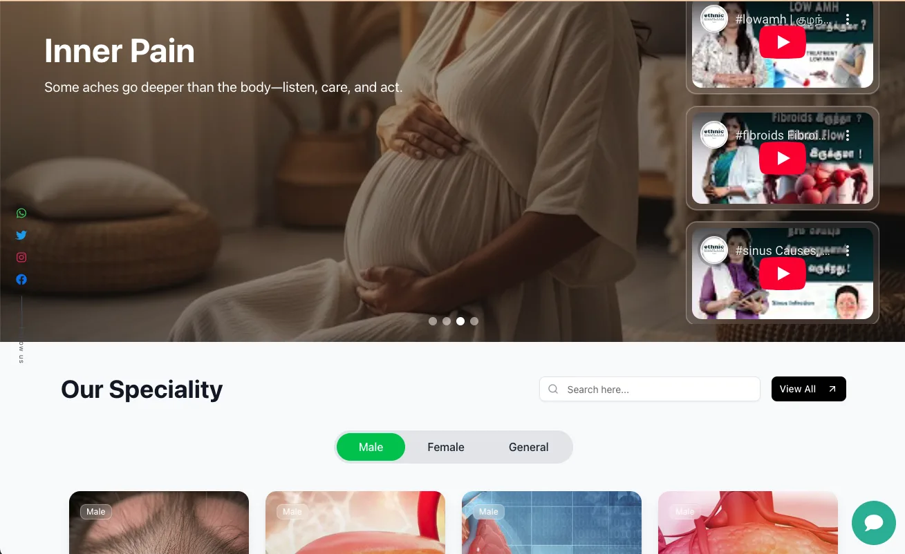 Ethnic Health Care homepage hero carousel with embedded Tamil-language treatment videos, above the Our Speciality panel that searches Siddha treatments and filters them by male, female and general care