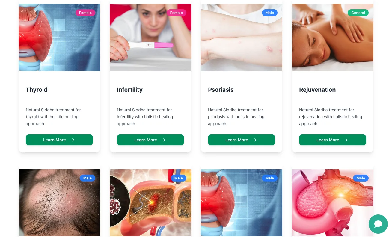 Siddha treatment cards for thyroid, infertility, psoriasis and rejuvenation on the clinic website, each tagged male, female or general with a link to the full treatment page