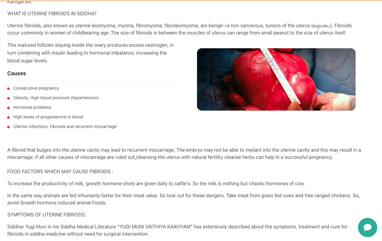 Siddha treatment article explaining uterine fibroids, its causes and symptoms with references to Siddha medical literature, published by clinic staff through the site's content management panel