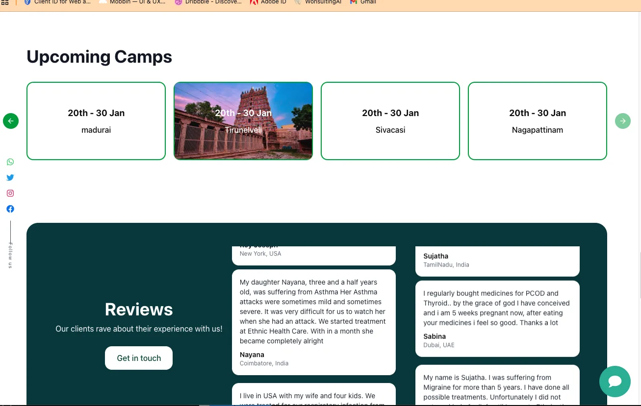 Upcoming Siddha medical camps listed for Madurai, Tirunelveli, Sivakasi and Nagapattinam, above the patient reviews panel showing entries from Tamil Nadu, Coimbatore, the USA and the UAE
