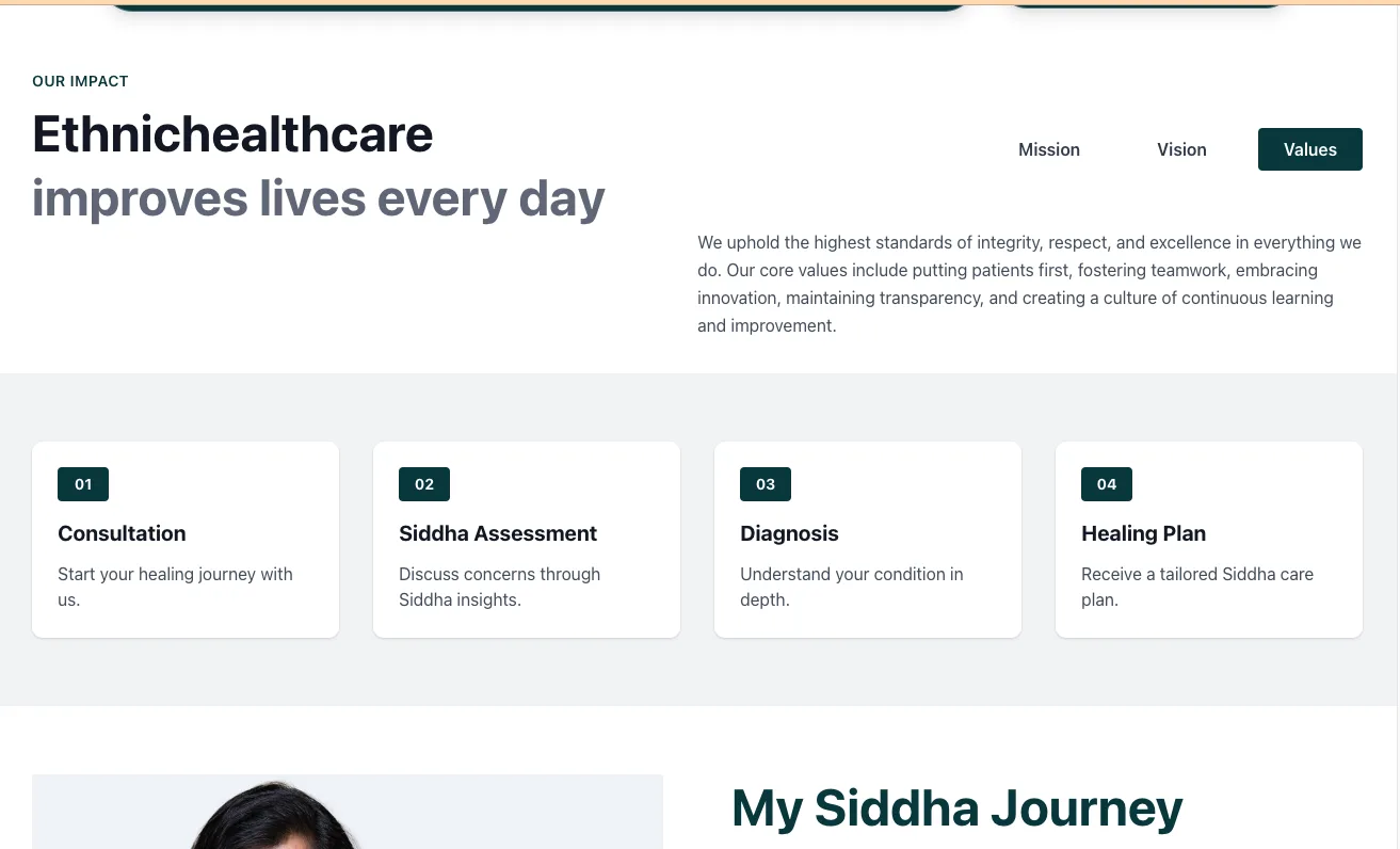 Ethnic Health Care mission, vision and values panel beside the four-step Siddha patient journey: consultation, Siddha assessment, diagnosis and healing plan
