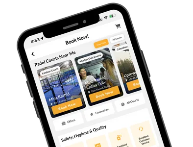 Book Now screen in the Just Padel app listing venues near the player as cards labelled by court count and type, including 6 indoor courts at Mina Rashid, 4 ladies only courts at Mina Rashid Ladies Only and outdoor courts at Uptown, each with its own Book Now button