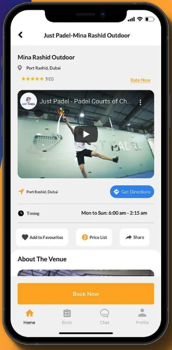 Just Padel Mina Rashid Outdoor venue page in the app, showing the Port Rashid location with star rating, an embedded venue video, Get Directions, opening hours of 6:00 am to 2:15 am Monday to Sunday, and buttons for Add to Favourites, Price List and Share above Book Now