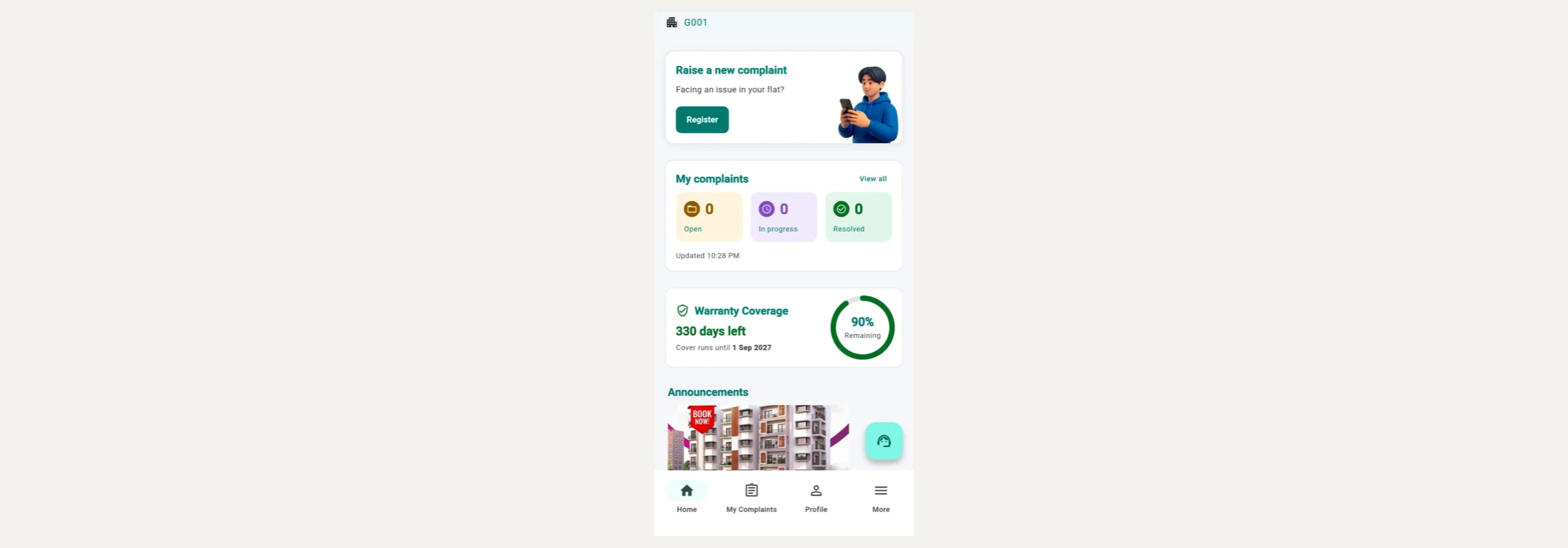 Nivas Fix mobile app home with complaint counts and warranty coverage