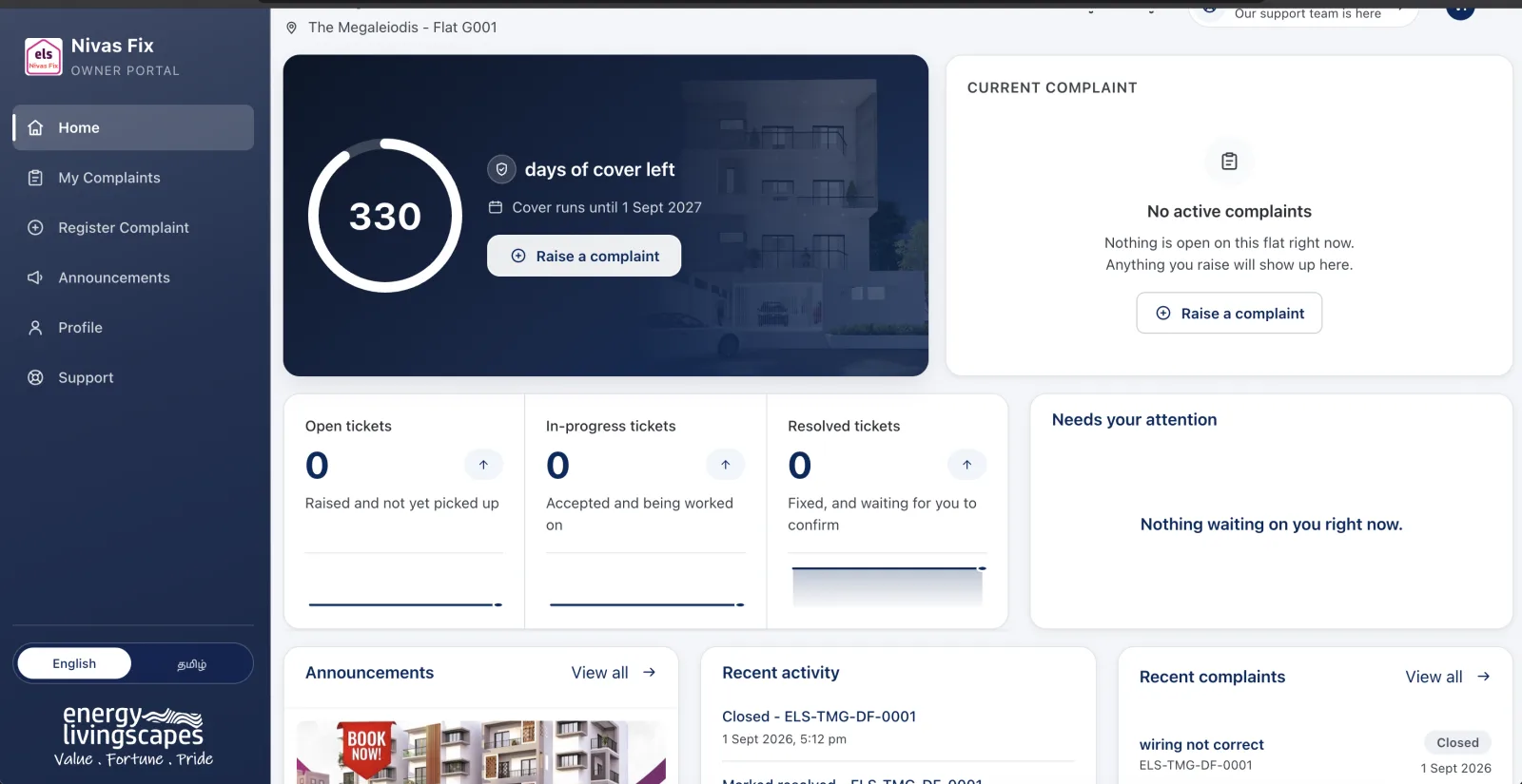 Nivas Fix owner web portal home showing 330 days of warranty cover left and ticket counts