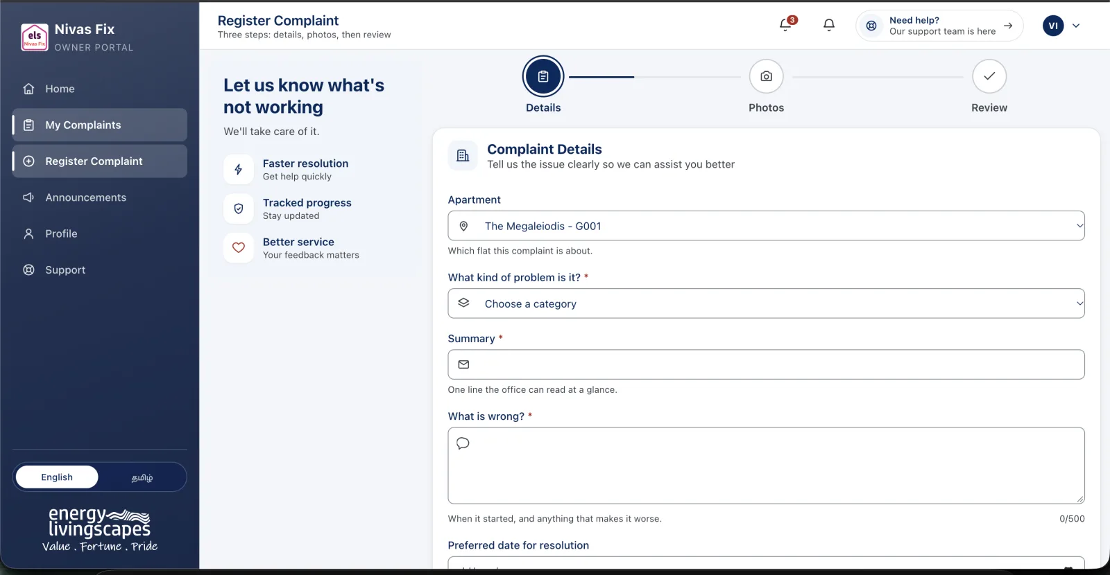 Flat owner registering a complaint in three steps on the Nivas Fix web portal
