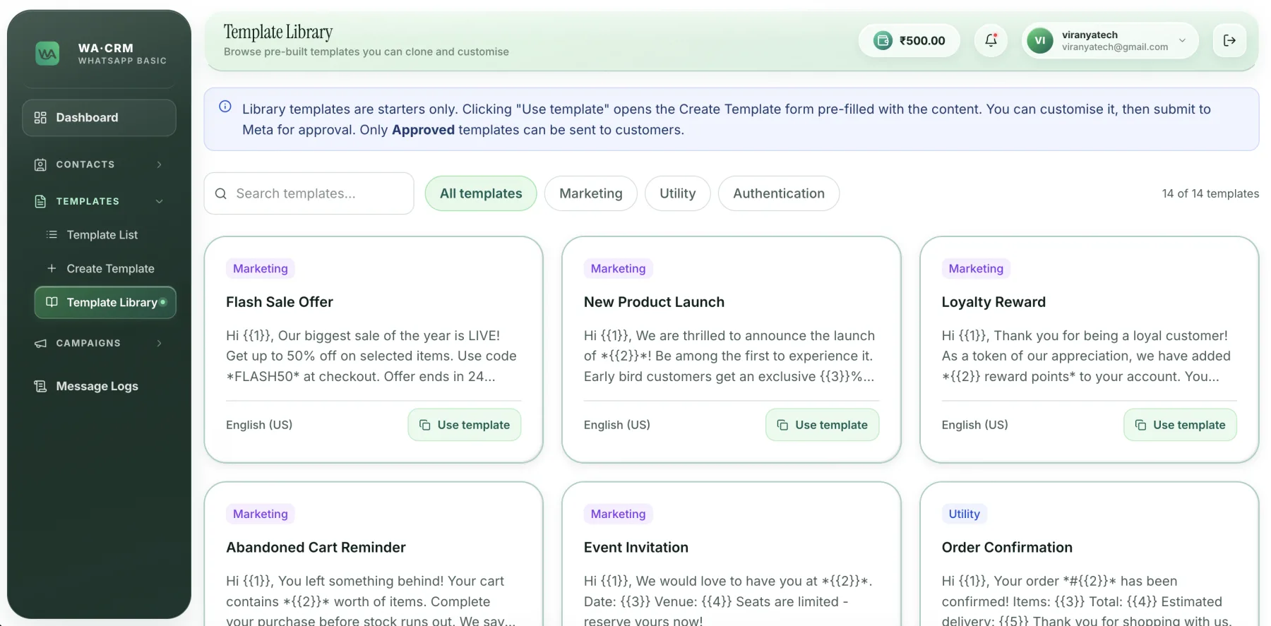 WhatsApp CRM template library showing marketing and utility message templates ready to customise and submit for approval